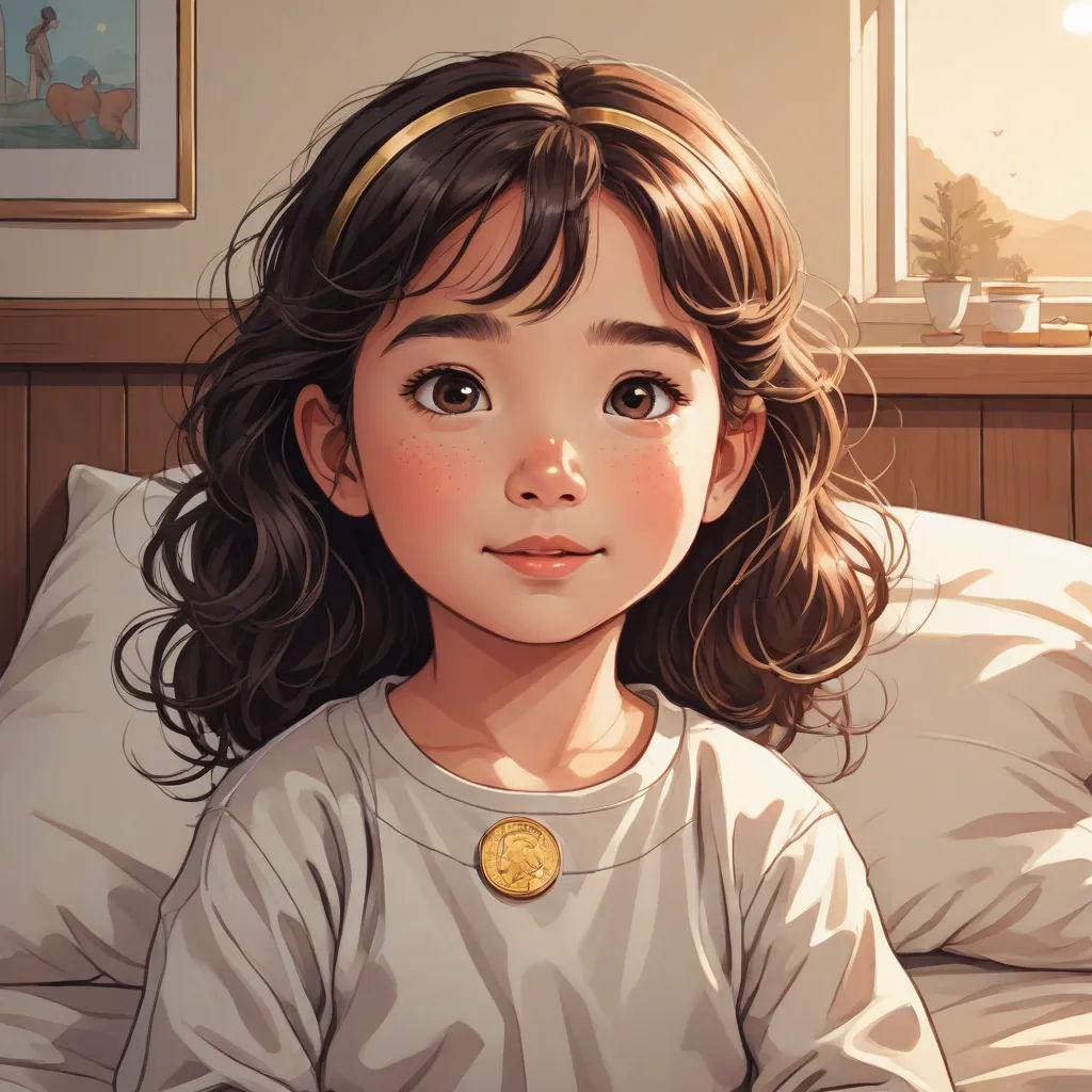 a little girl sitting on a bed with a pillow and a painting of a girl in the background with a gold medal, Artgerm, photorealism, a storybook illustration, anime art