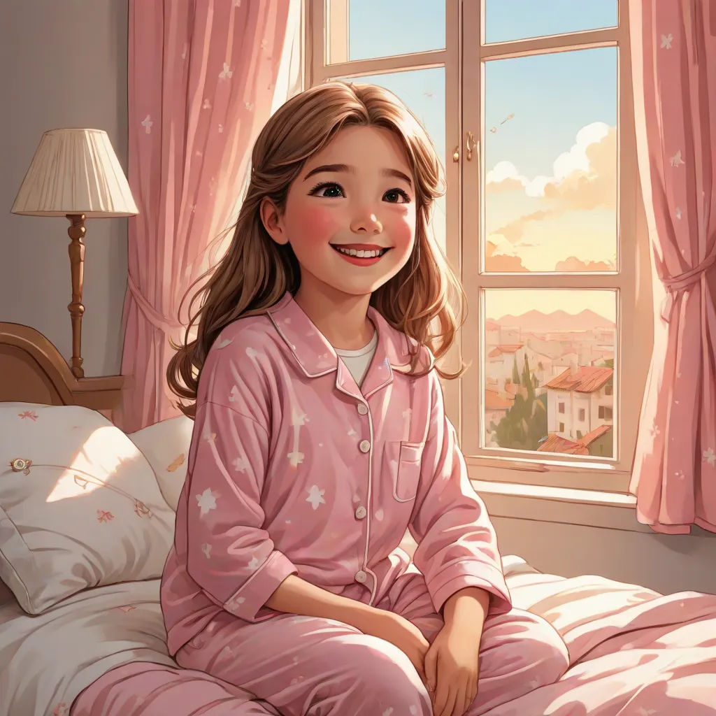 a girl in pink pajamas sitting on a bed in front of a window with a pink curtain and a pink blanket, Evgeny Lushpin, american scene painting, a storybook illustration, rossdraws global illumination