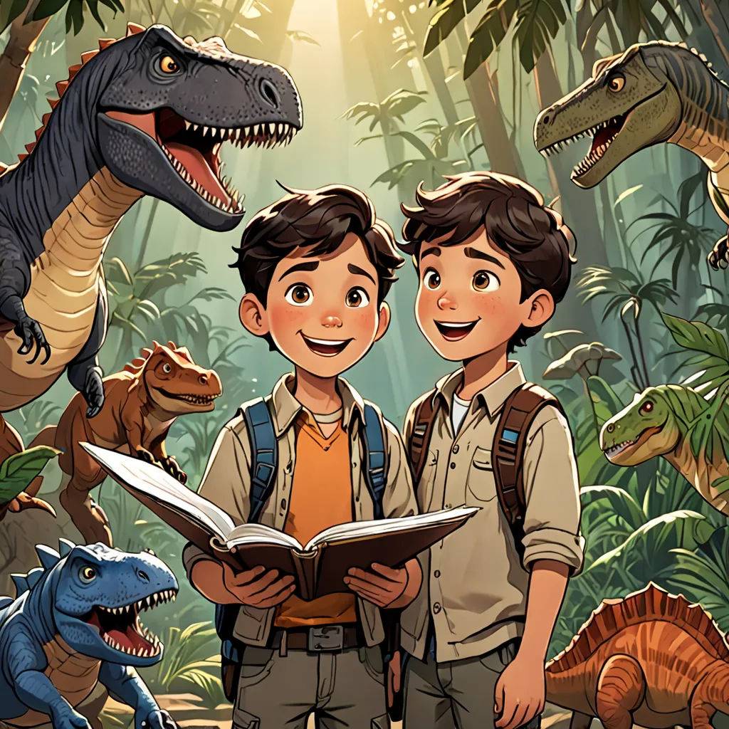 two boys are reading a book in front of a dinosaur and other dinosaurs in the jungle with a light shining on them, process art, a storybook illustration, Diego Gisbert Llorens, rossdraws global illumination