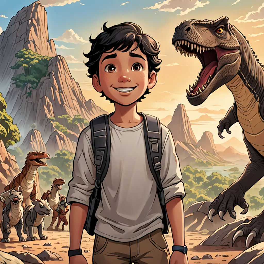 a boy standing next to a dinosaur in a desert area with other dinosaurs in the background and a man standing next to him, process art, a comic book panel, Adam Rex, comic cover art