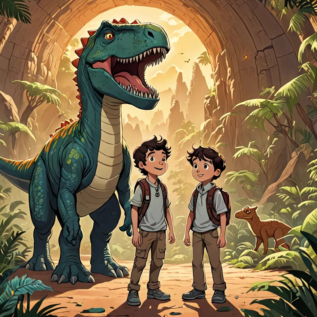 a boy and a boy standing in front of a dinosaur in a jungle with a cave in the background, process art, concept art, Adam Rex, rossdraws global illumination