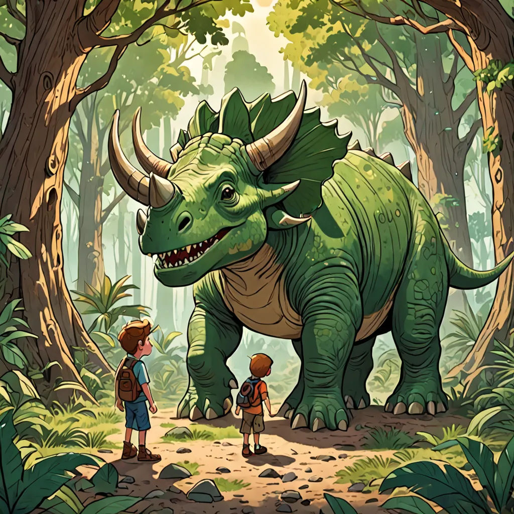 a boy and a boy are standing in front of a dinosaur in the woods with a large green dinosaur, fantasy art, a storybook illustration, Adam Rex, rossdraws global illumination