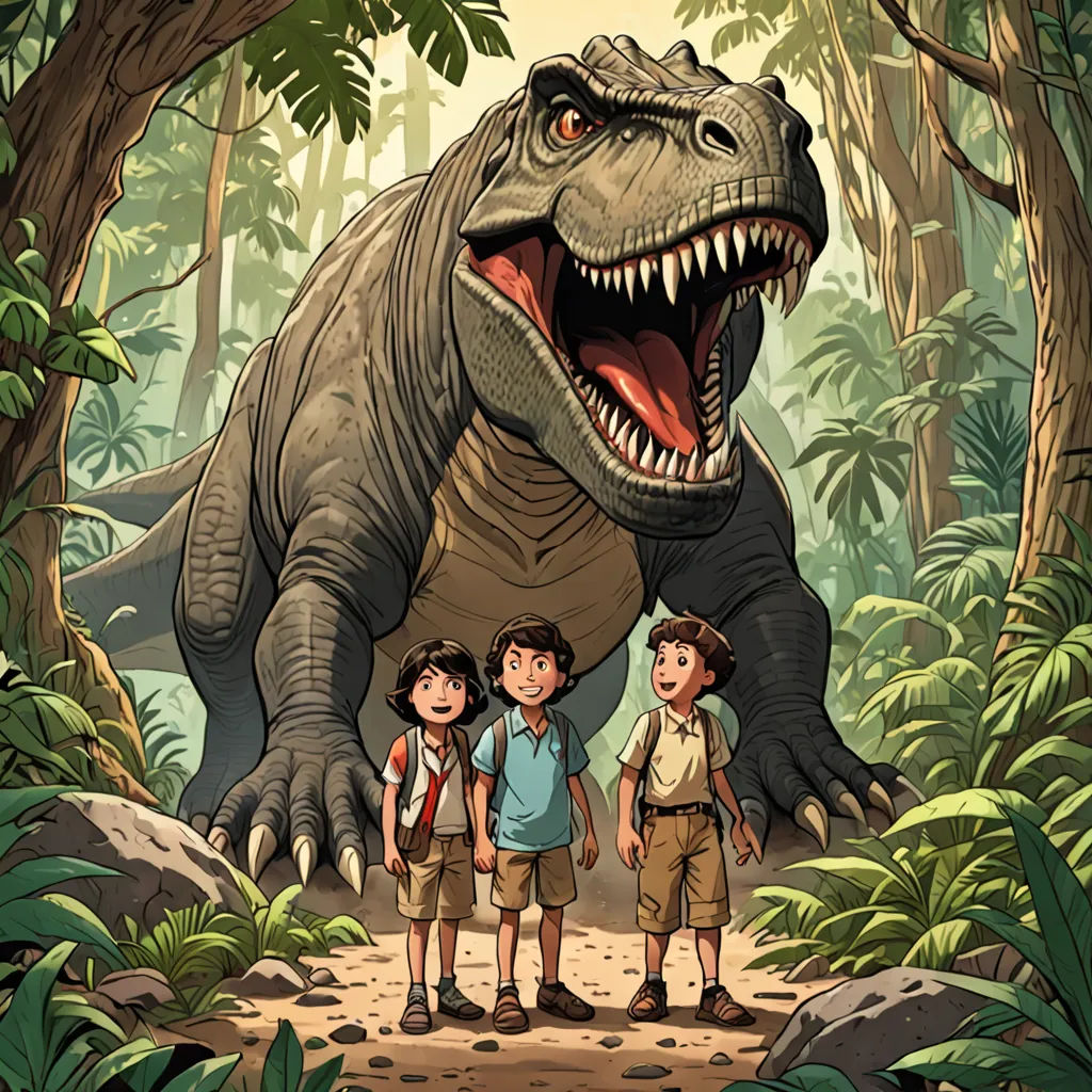 a group of children standing in front of a dinosaur in a jungle with a large dinosaur in the background, process art, a storybook illustration, Adam Rex, rossdraws global illumination