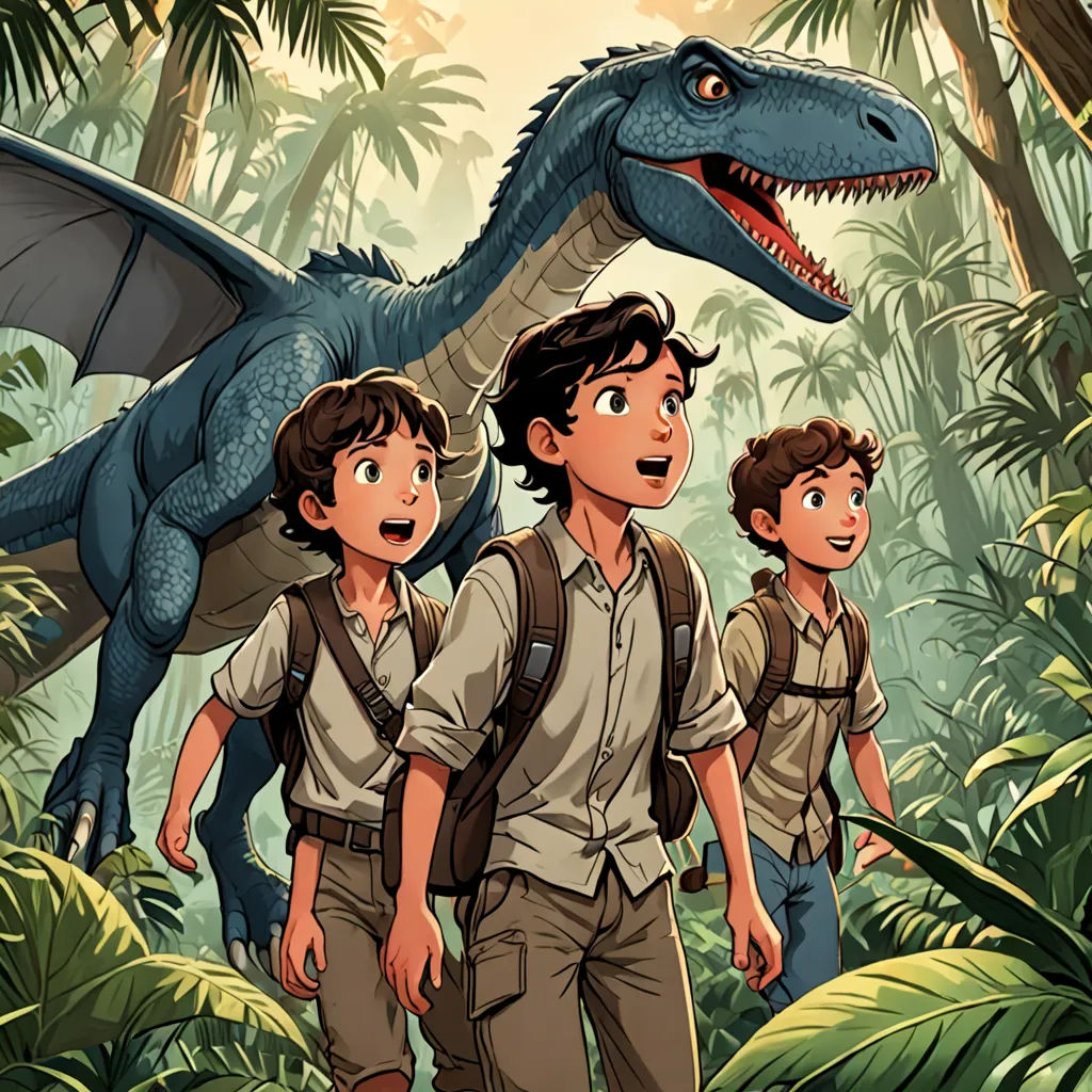 a group of people walking through a jungle with a dinosaur on their back and a man in the background, process art, a storybook illustration, Adam Rex, official art