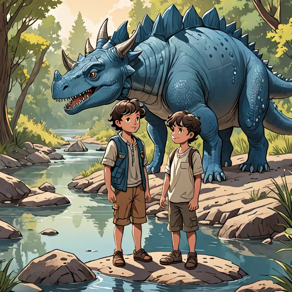 a boy and a boy standing in front of a dinosaur in a forest with a river and trees in the background, fantasy art, a storybook illustration, Adam Rex, rossdraws global illumination