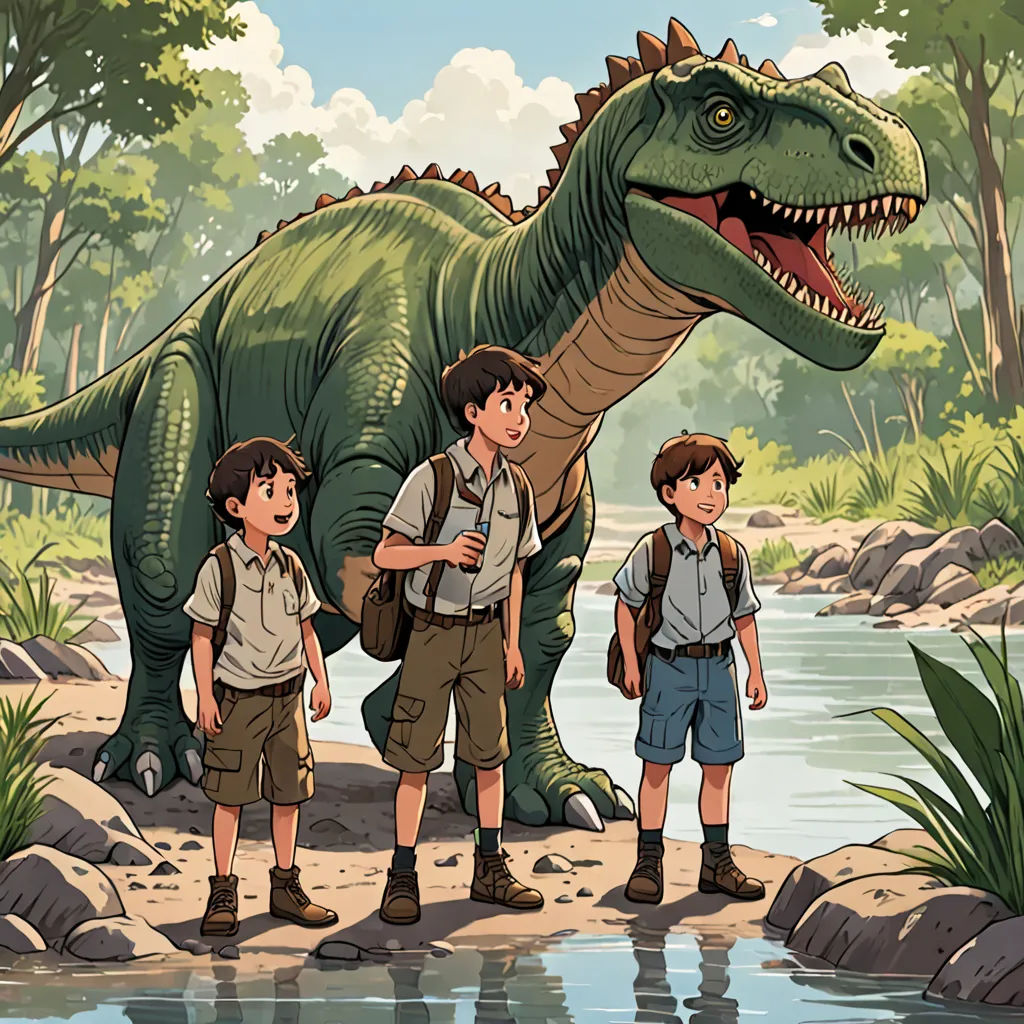 a group of children standing next to a dinosaur in a forest next to a river and a man with a backpack, process art, a storybook illustration, Adam Rex, official art