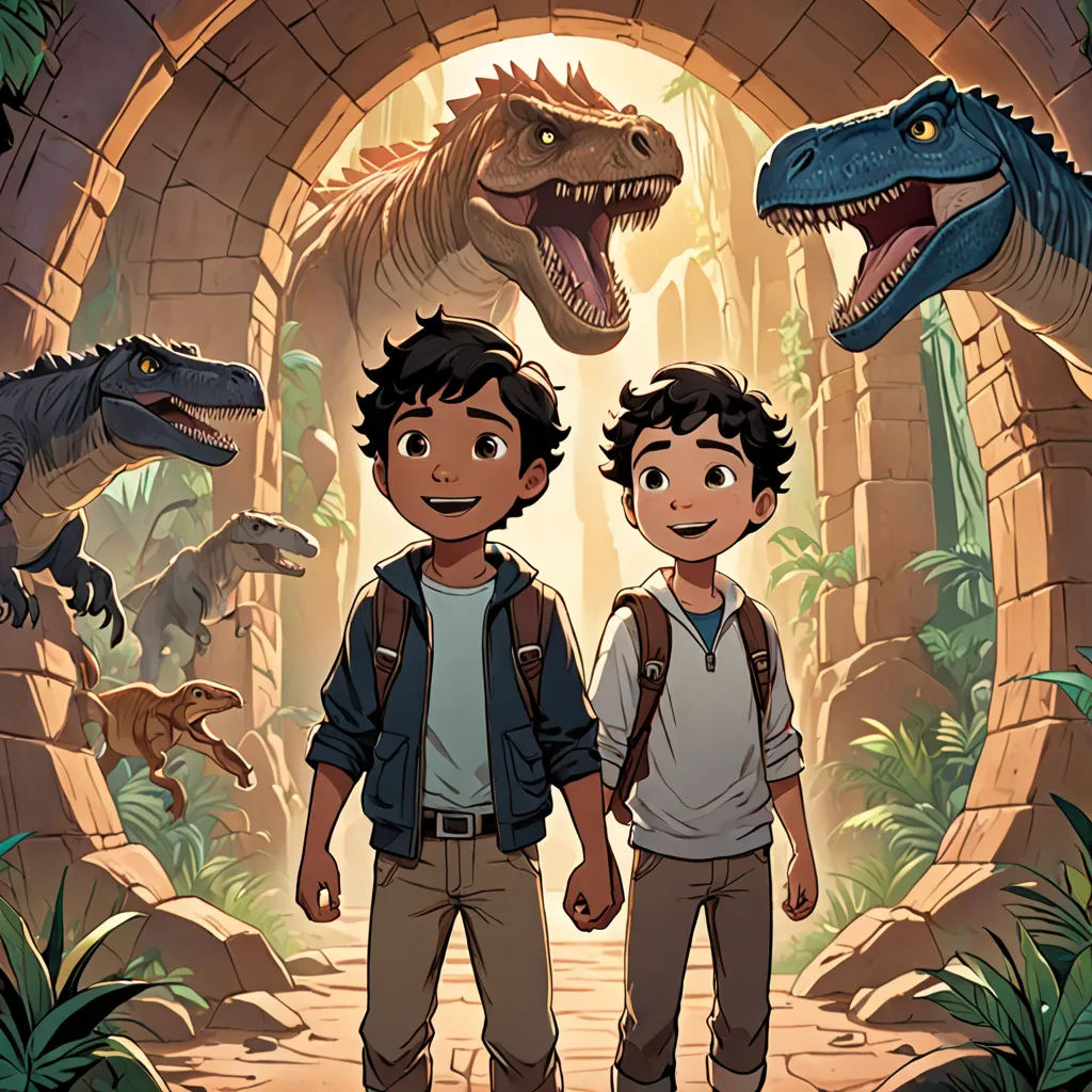 two boys standing in front of a dinosaur tunnel with a t - rex and a t - rex in the background, process art, poster art, Adam Rex, rossdraws global illumination