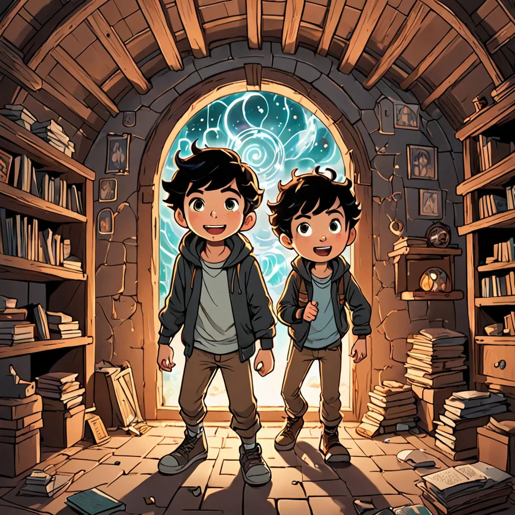 two young boys standing in a doorway of a library with books on the shelves and a bookcase in the background, rayonism, concept art, Diego Gisbert Llorens, official art