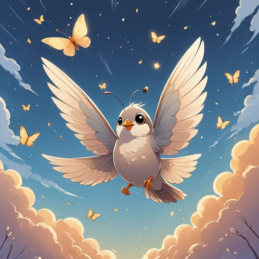a bird flying through the air with a sky background and butterflies flying around it in the air above the clouds, fantasy art, a storybook illustration, Cyril Rolando, fireflies