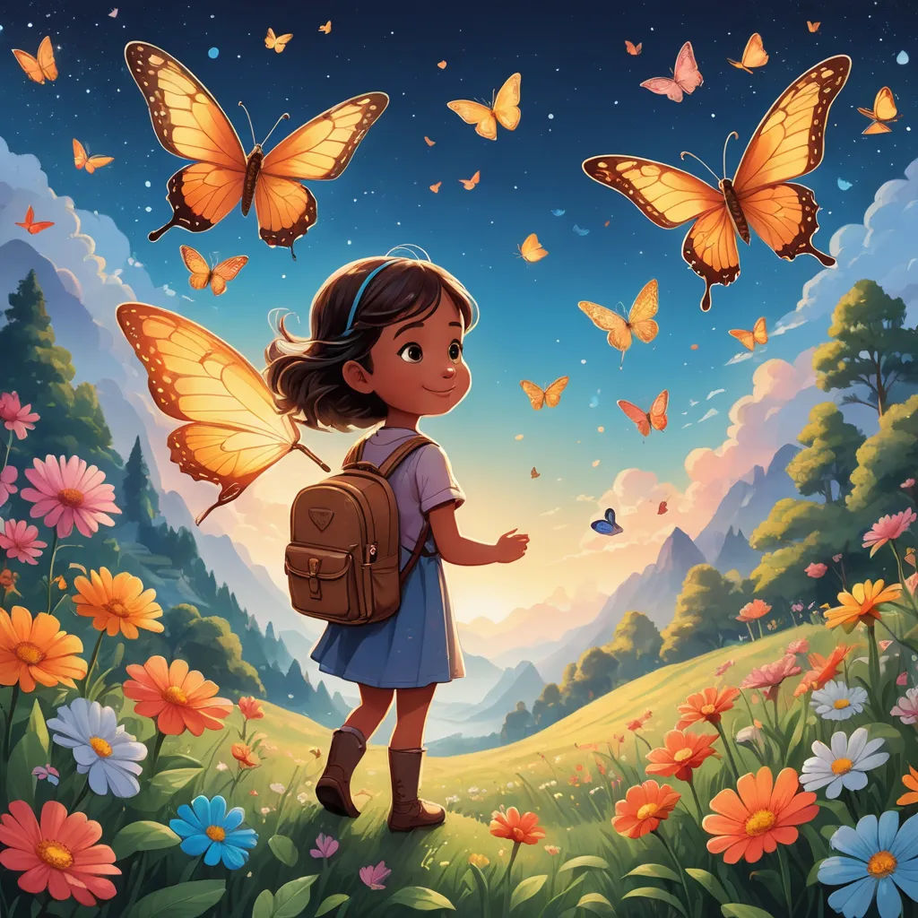 a girl with a backpack standing in a field of flowers and butterflies with a butterfly flying overhead over her, magical realism, a storybook illustration, Aaron Jasinski, rossdraws global illumination