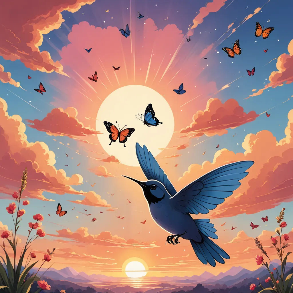 a bird flying in the sky with a sunset in the background and butterflies flying around it in the air, fantasy art, poster art, Dan Mumford, rossdraws global illumination