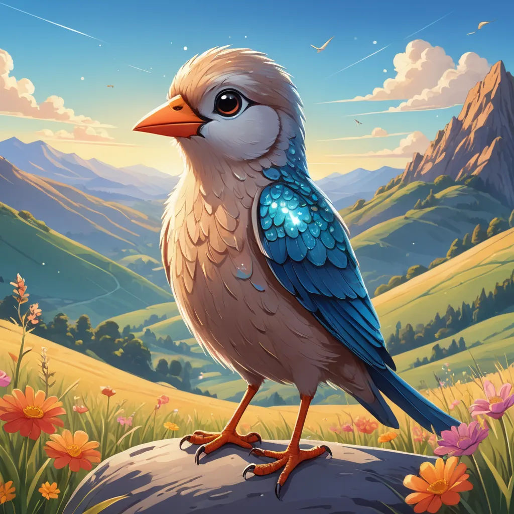 a bird sitting on a rock in a field of flowers and mountains in the background with a blue sky, fantasy art, a storybook illustration, Chris LaBrooy, trending on art station