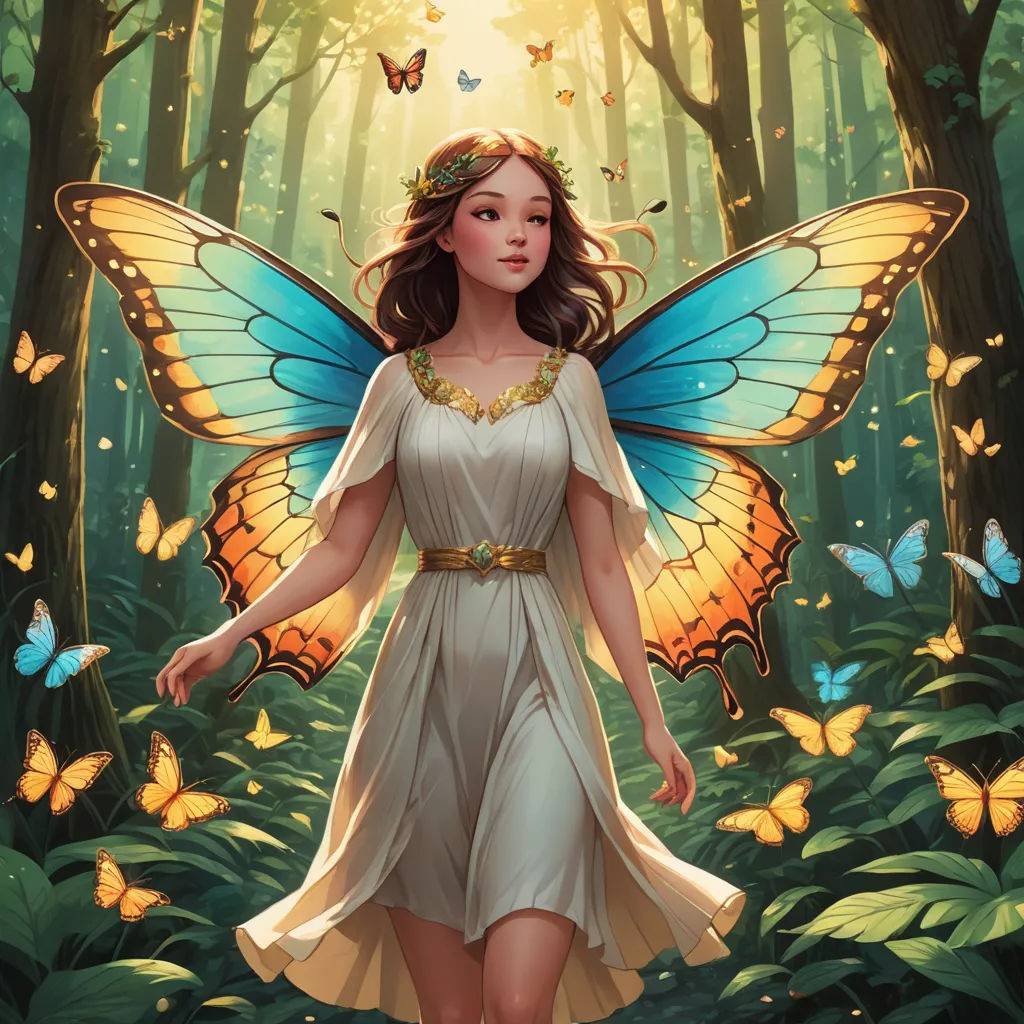 a fairy with a butterfly wings and a dress in the woods with butterflies around her, and a golden crown on her head, fantasy art, a storybook illustration, Anne Stokes, rossdraws global illumination
