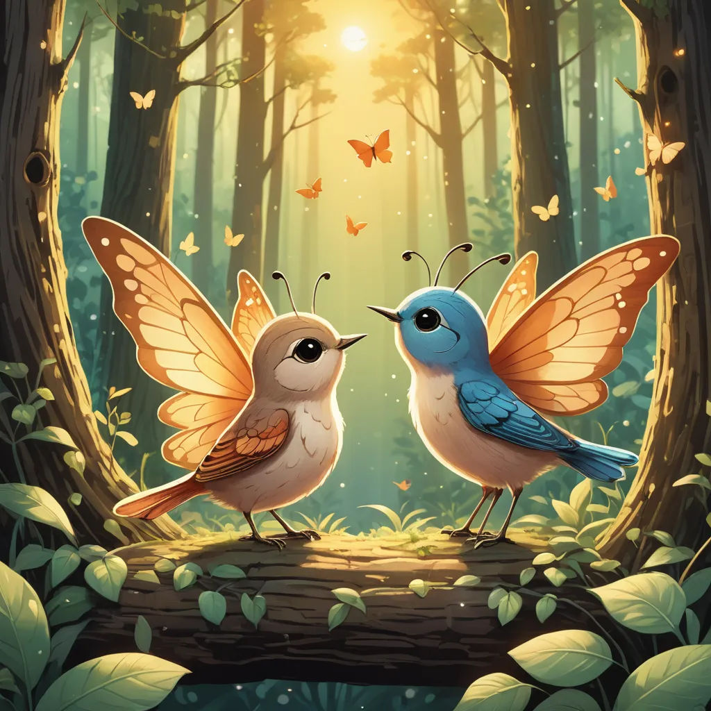 two birds are sitting on a log in the woods with butterflies flying around them and a sun shining through the trees, fantasy art, a storybook illustration, Chris LaBrooy, rossdraws global illumination