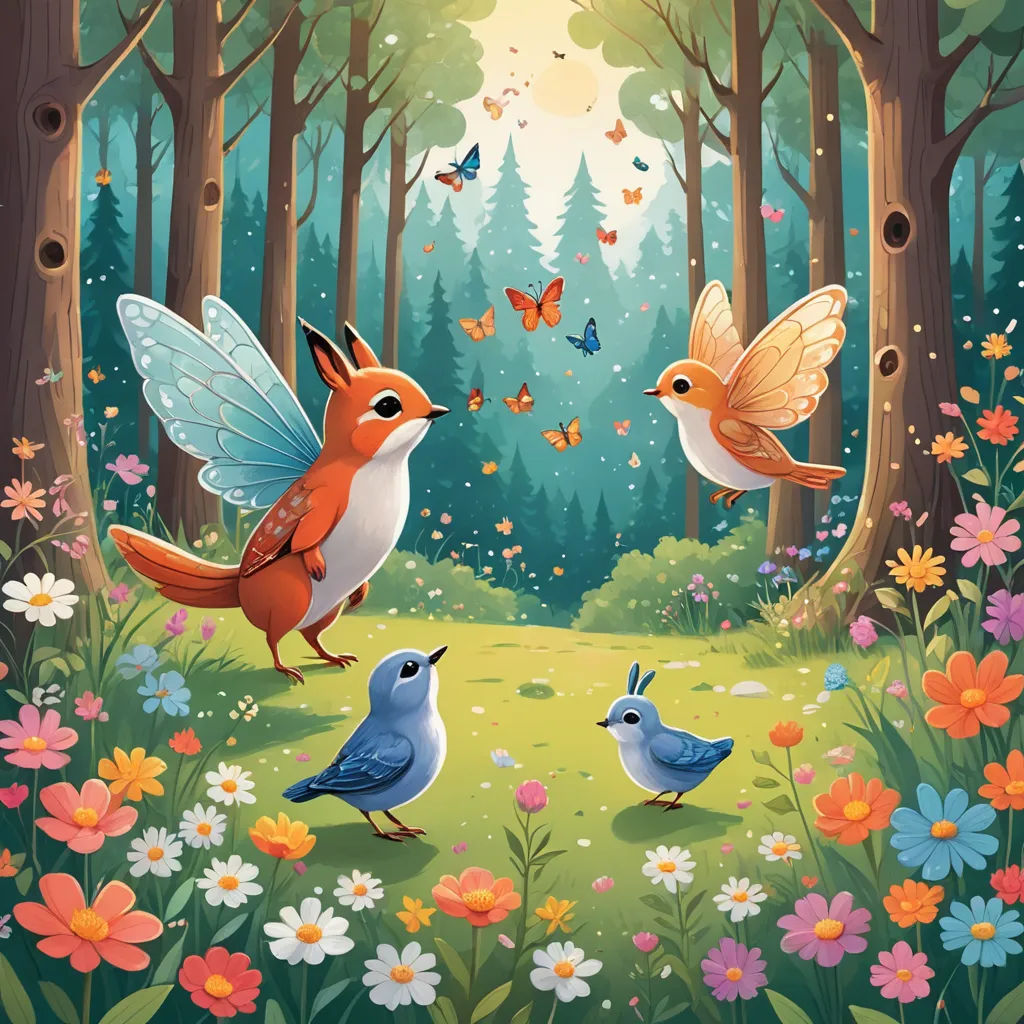 a painting of birds and butterflies in a forest with flowers and trees in the background, and a sunlit forest with butterflies, fantasy art, a storybook illustration, Chris LaBrooy, storybook illustration