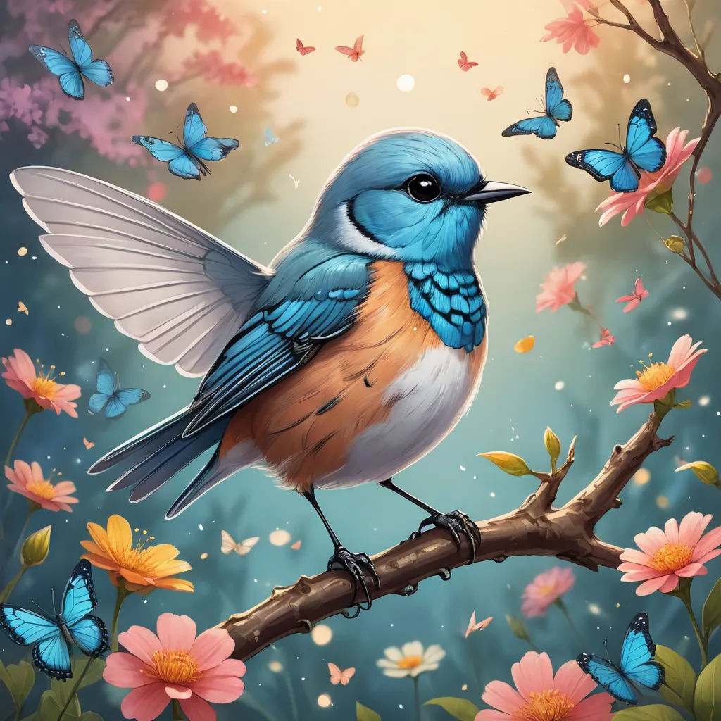 a blue bird sitting on a branch with butterflies around it and a full moon in the background with a blue sky, fantasy art, a digital painting, Chris LaBrooy, highly detailed digital painting