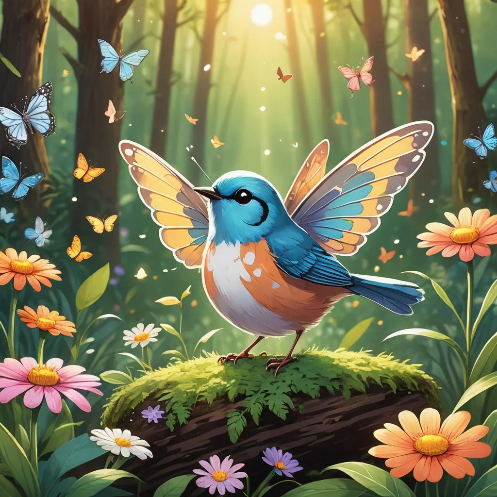 a bird with wings spread sitting on a log in a forest with flowers and butterflies around it, with a sunbeam in the background, fantasy art, a storybook illustration, Chris LaBrooy, rossdraws global illumination