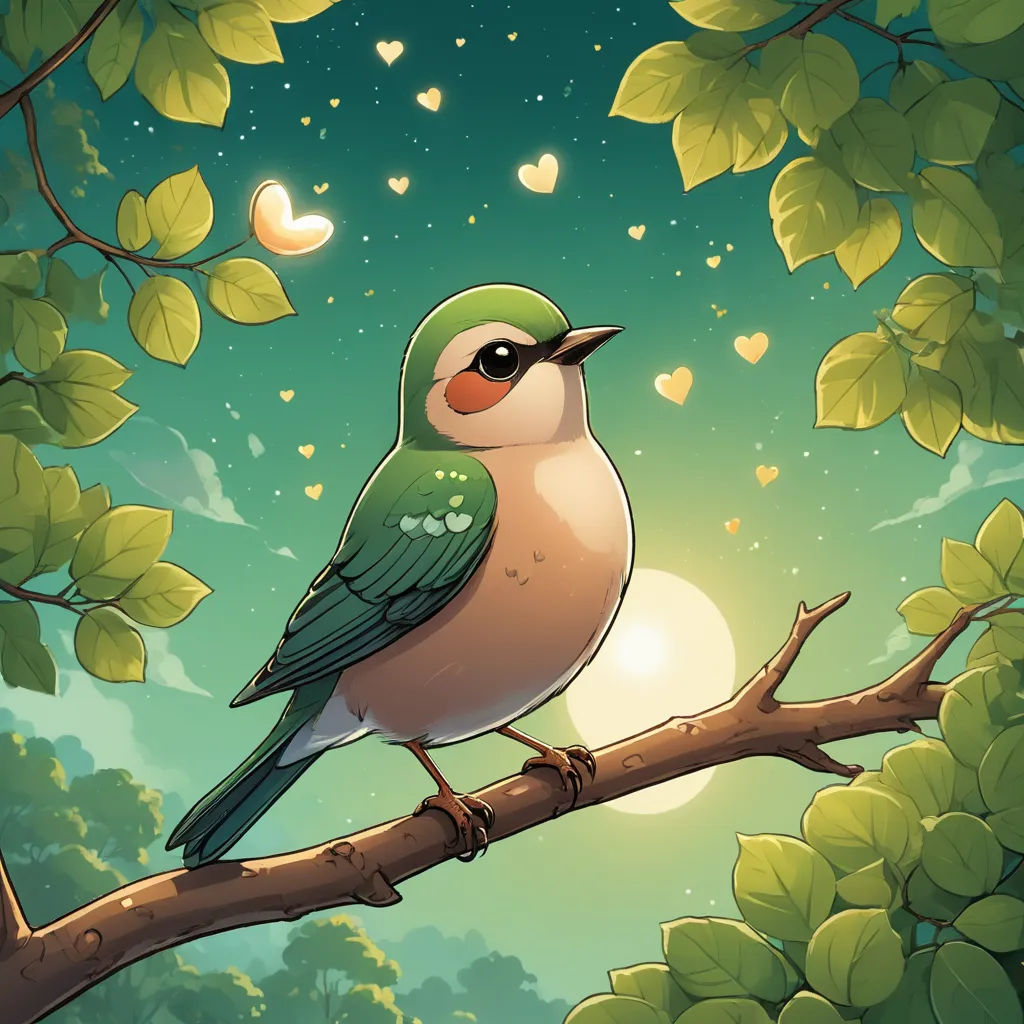a bird sitting on a branch in a tree with leaves and a heart shaped light in the background of the picture, fantasy art, a storybook illustration, Chris LaBrooy, rossdraws global illumination