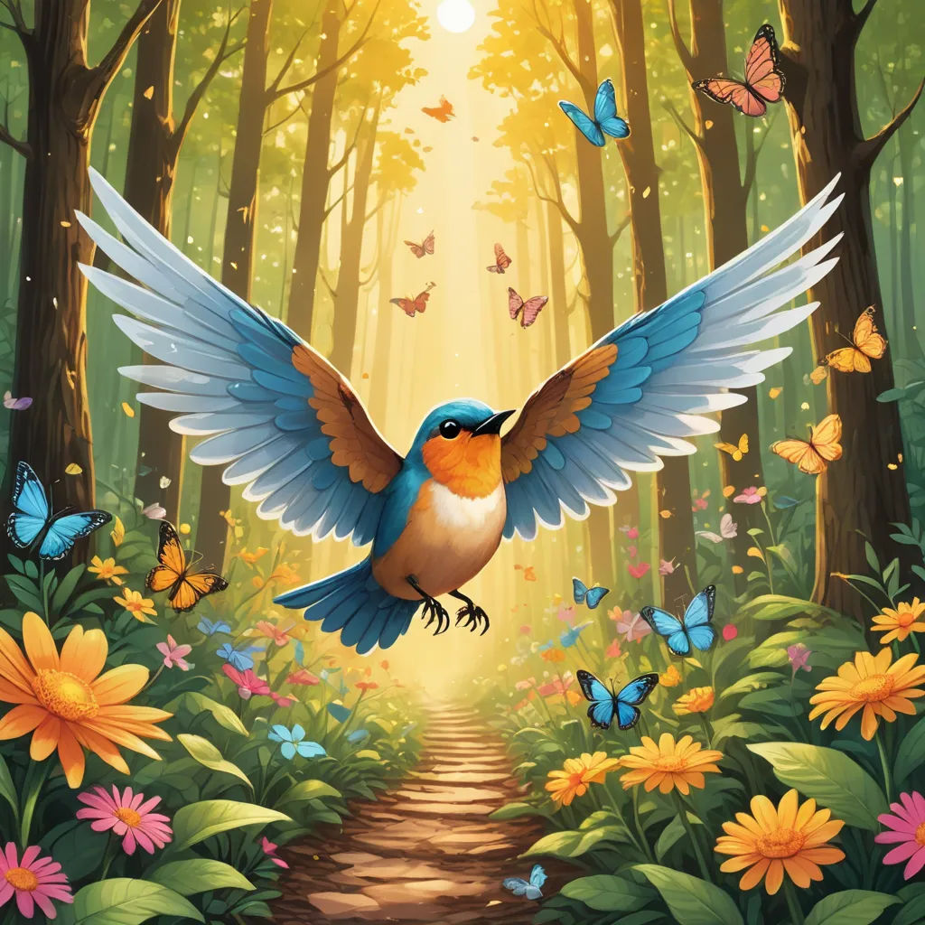 a painting of a bird flying over a forest with flowers and butterflies around it, with a path leading to the light, fantasy art, a storybook illustration, Chris LaBrooy, birds