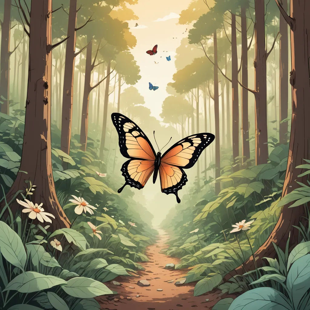 a butterfly flying over a forest filled with lots of trees and flowers on a sunny day with a path leading to the butterfly, magical realism, a storybook illustration, David Martin, storybook illustration