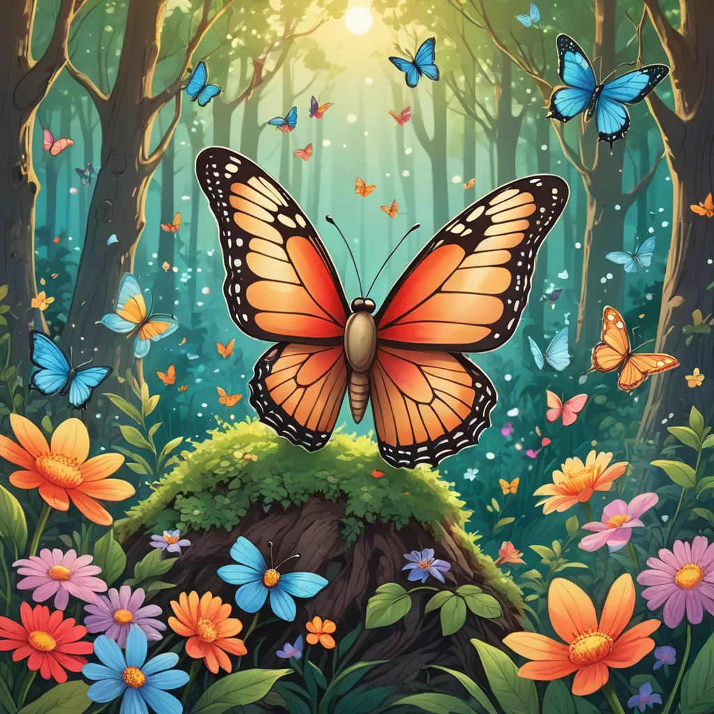 a butterfly in the middle of a forest with flowers and butterflies around it, with a bright sun shining through the trees, fantasy art, a storybook illustration, Chris LaBrooy, highly detailed digital painting