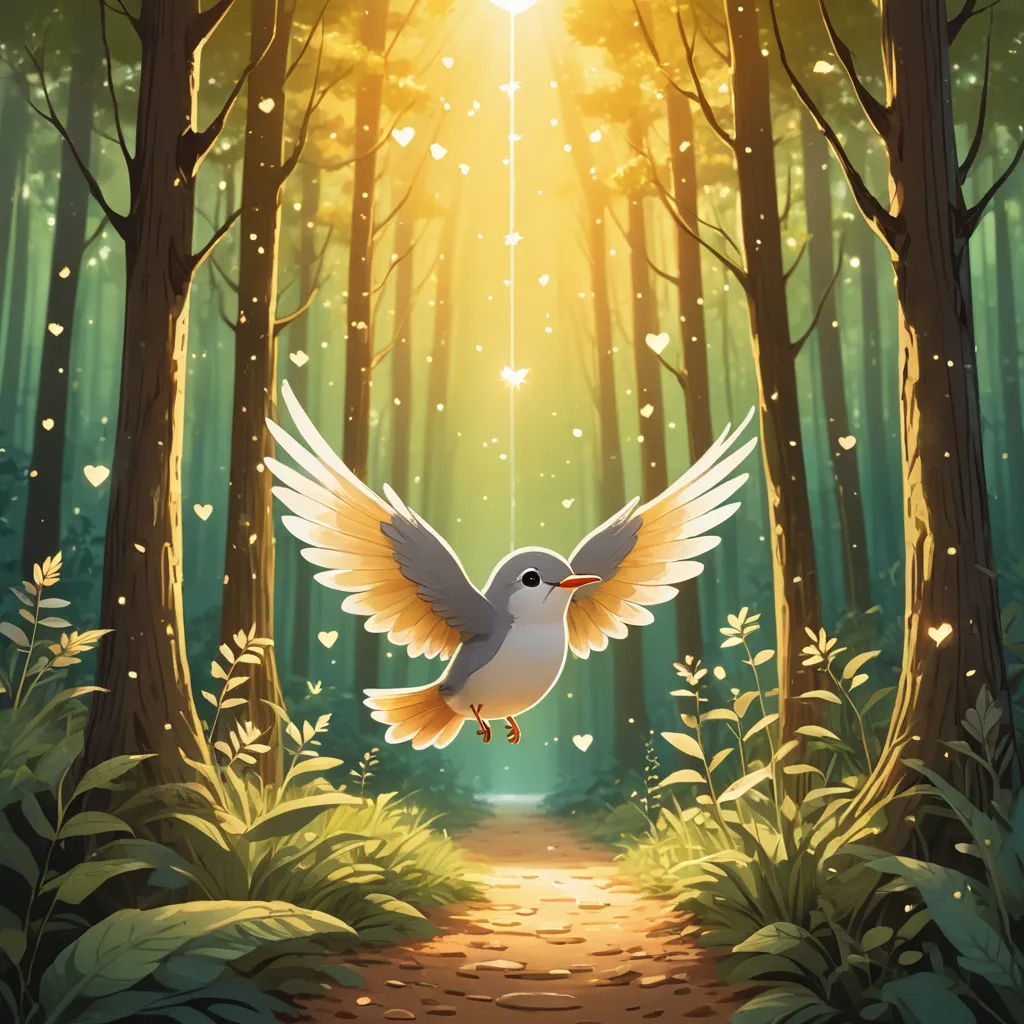 a bird flying over a forest with a light shining through the trees and leaves on the ground and a path leading to the light, magic realism, a storybook illustration, David Martin, rossdraws global illumination