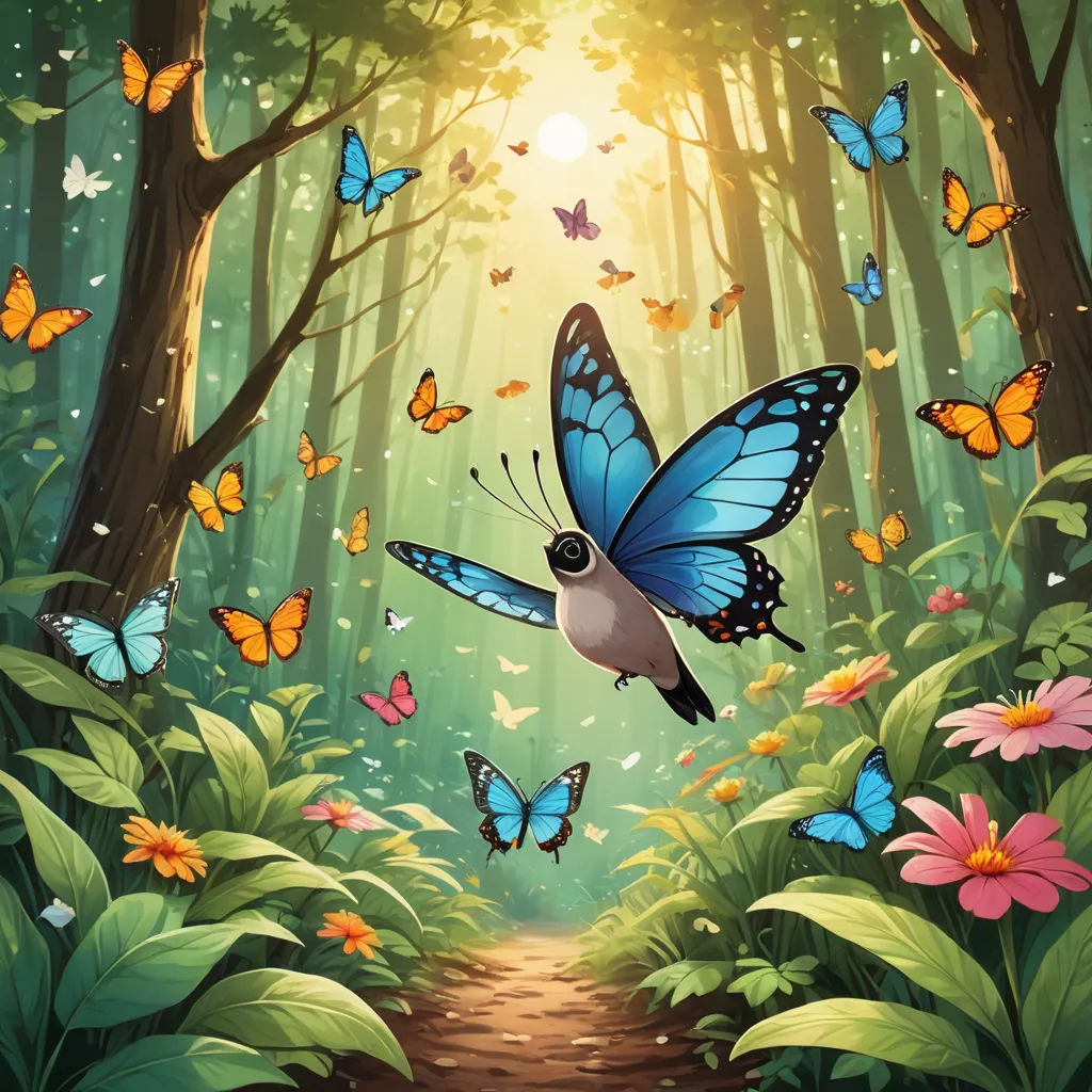 a painting of a blue butterfly flying over a forest with flowers and butterflies around it, with a path leading to the butterflies, magic realism, a storybook illustration, David Martin, rossdraws global illumination