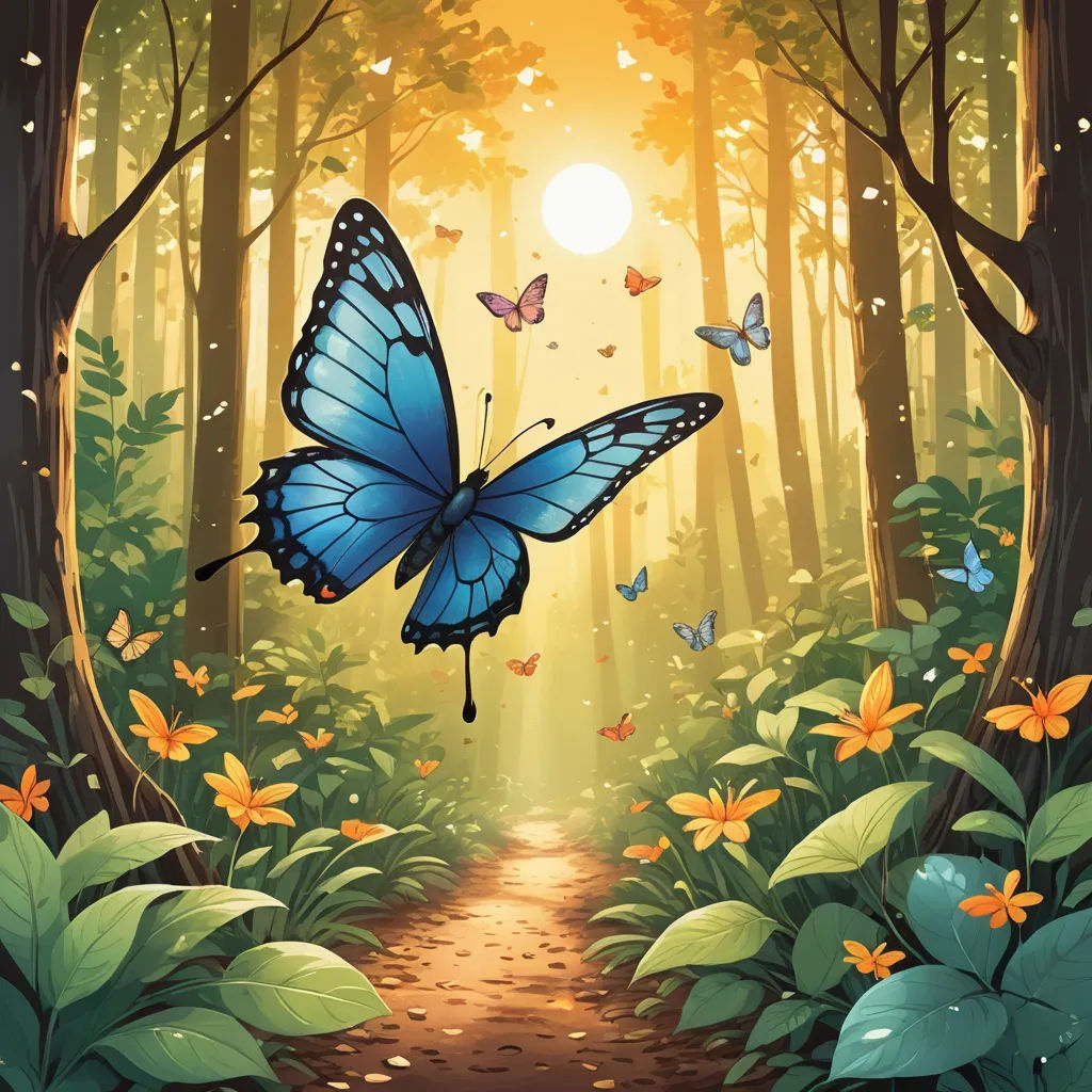 a blue butterfly flying over a forest with flowers and trees in the background, with a path leading to the light, fantasy art, a storybook illustration, Dan Mumford, rossdraws global illumination