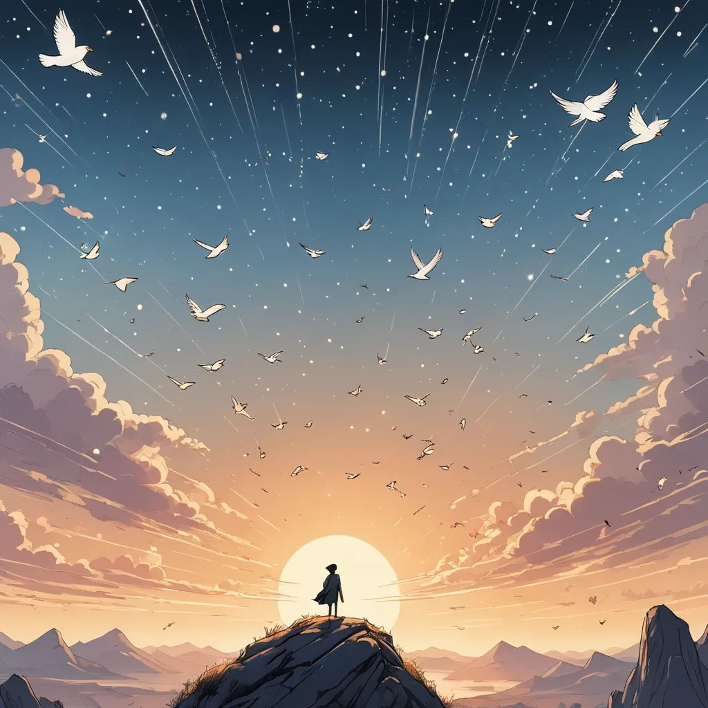 a man standing on top of a mountain under a sky filled with birds and stars with a person standing on top of a hill, fantasy art, poster art, Atey Ghailan, rossdraws global illumination