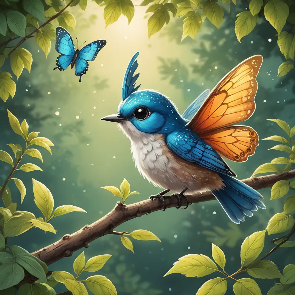a blue bird sitting on a branch with a butterfly flying above it and a green background with leaves and a butterfly, fantasy art, a digital painting, Chris LaBrooy, highly detailed digital painting