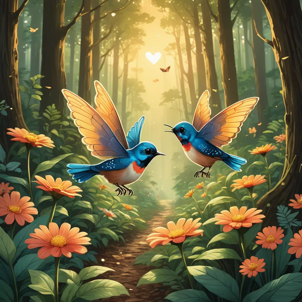 two birds flying over a forest filled with flowers and butterflies with a heart shaped window in the background of the painting, fantasy art, a storybook illustration, Chris LaBrooy, birds