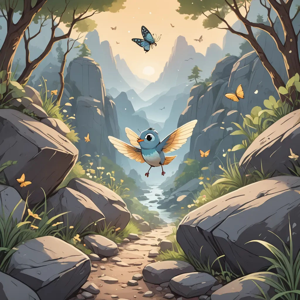 a bird flying over a rocky mountain stream in a forest with a butterfly flying over it's head, fantasy art, a storybook illustration, Chris LaBrooy, magic the gathering artwork