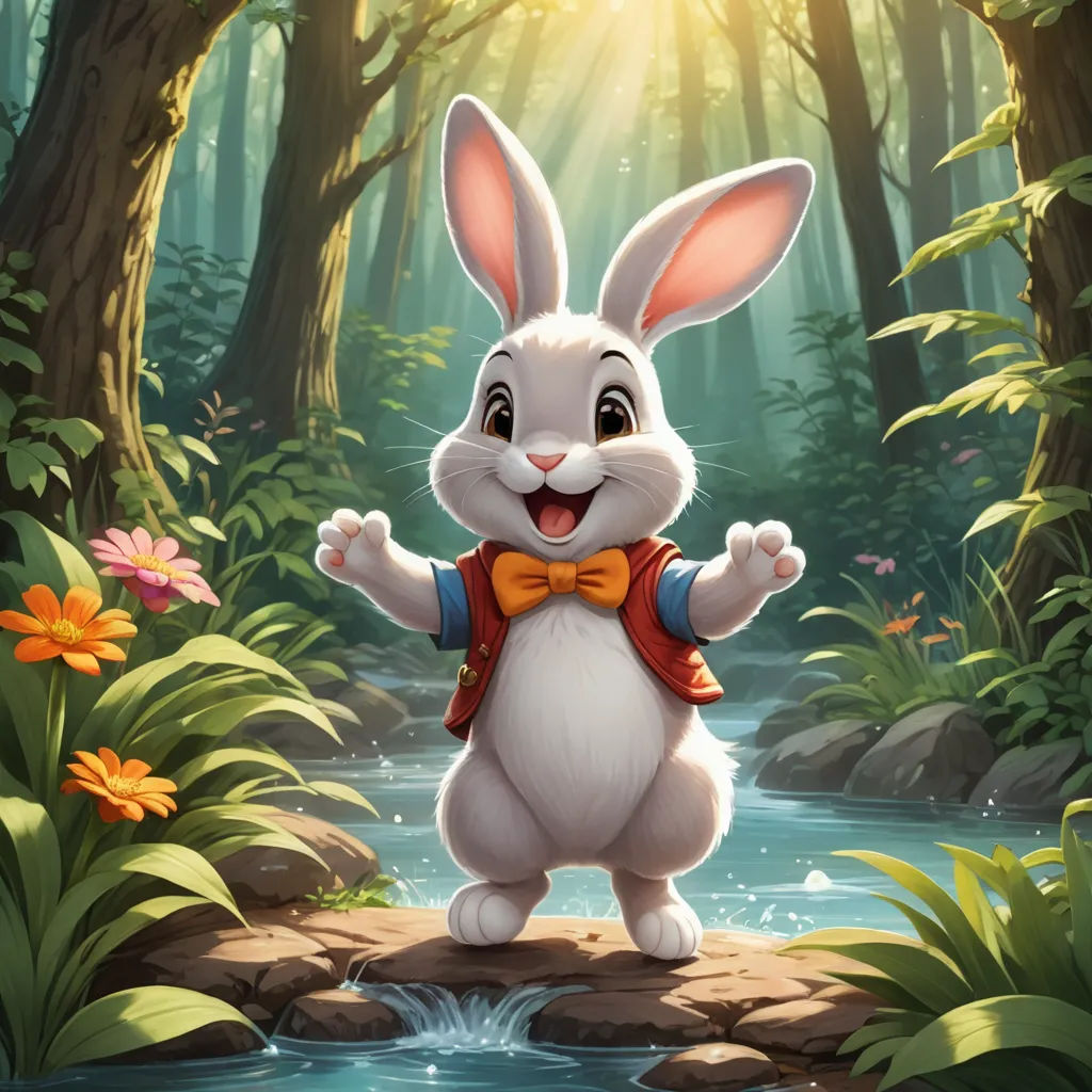 a rabbit standing on a rock in the forest with a stream and flowers around it, with the sun shining through the trees, furry art, a character portrait, Chris LaBrooy, rossdraws global illumination
