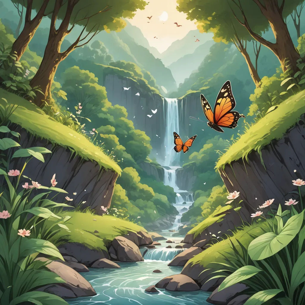 a painting of a waterfall with a butterfly flying over it and a waterfall in the background with a waterfall and a waterfall, environmental art, a storybook illustration, Dan Mumford, waterfall