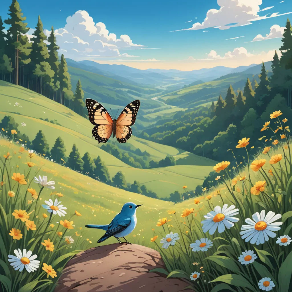 a blue bird sitting on a rock in a field of flowers and a butterfly flying over it's head, environmental art, a storybook illustration, Chris LaBrooy, nature