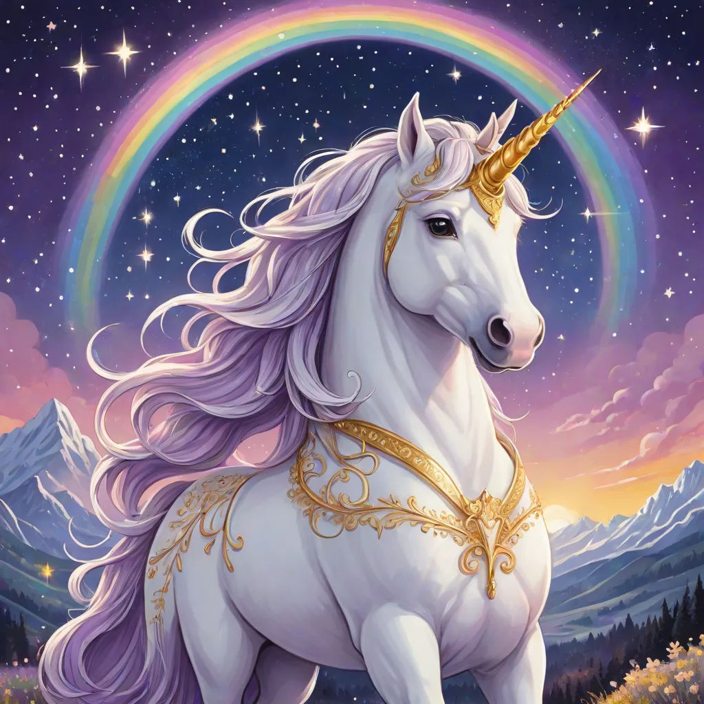 a unicorn with a golden horn and a rainbow in the background with mountains and stars in the sky and a rainbow in the sky, Anne Stokes, fantasy art, a character portrait, rossdraws global illumination