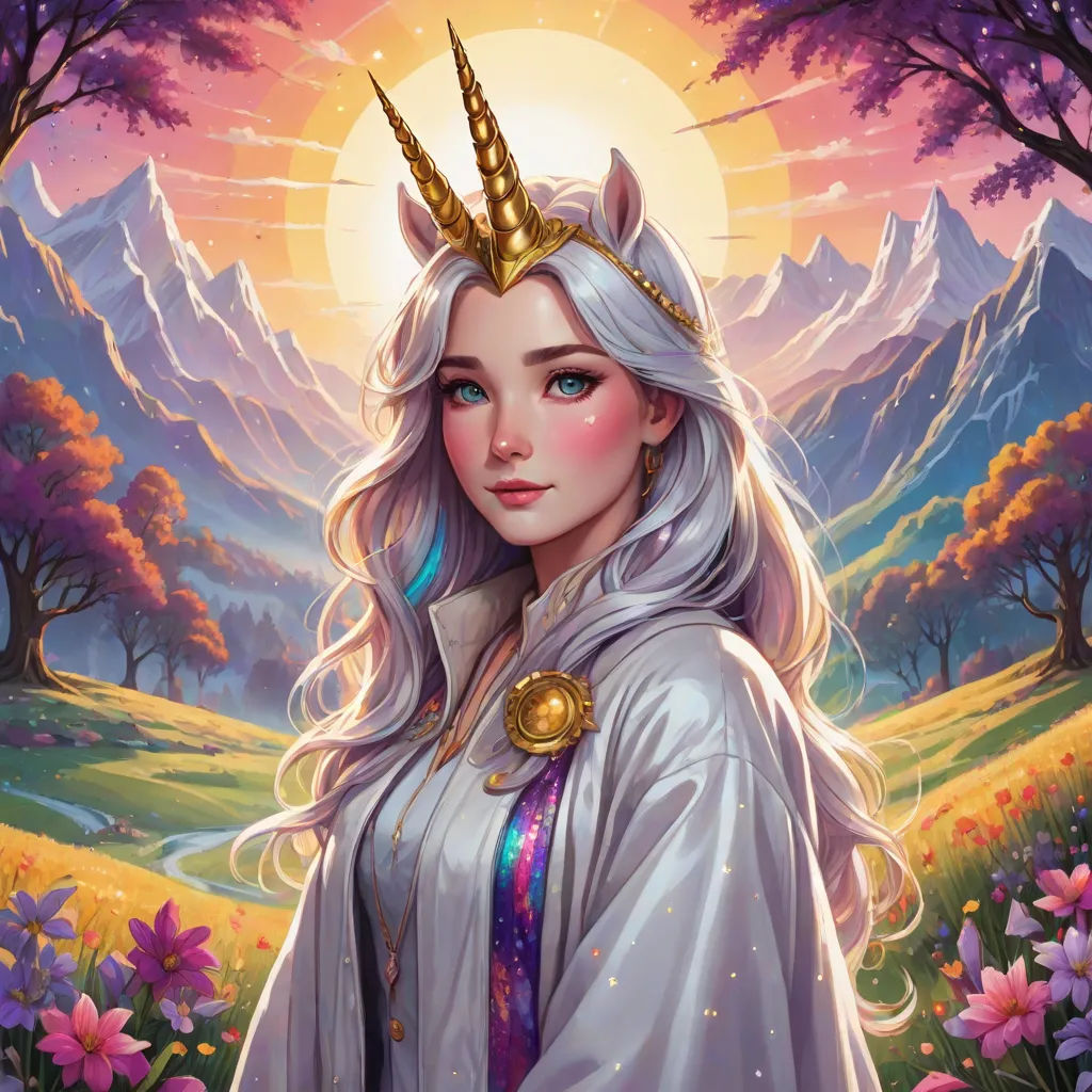 a painting of a woman with a unicorn horn on her head and a mountain in the background with flowers, Edwin Georgi, fantasy art, a character portrait, rossdraws global illumination