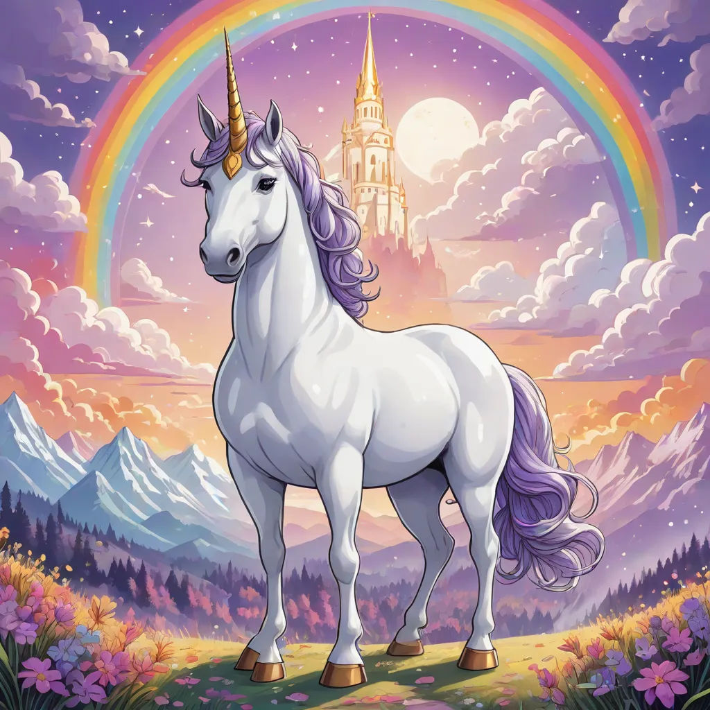a unicorn standing in a field with a castle in the background and a rainbow in the sky above it, Chris LaBrooy, magical realism, a character portrait, rossdraws global illumination