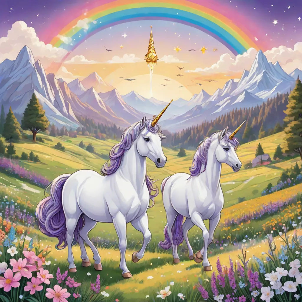 two unicorns are walking in a field with a rainbow in the background and a mountain range in the background, Chris LaBrooy, fantasy art, an album cover, rossdraws global illumination