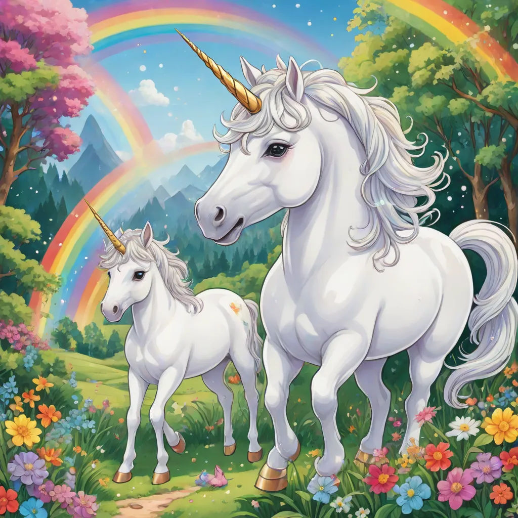 a painting of two unicorns in a forest with a rainbow in the background and a rainbow in the sky, Andries Both, magical realism, a storybook illustration, fantasy magic