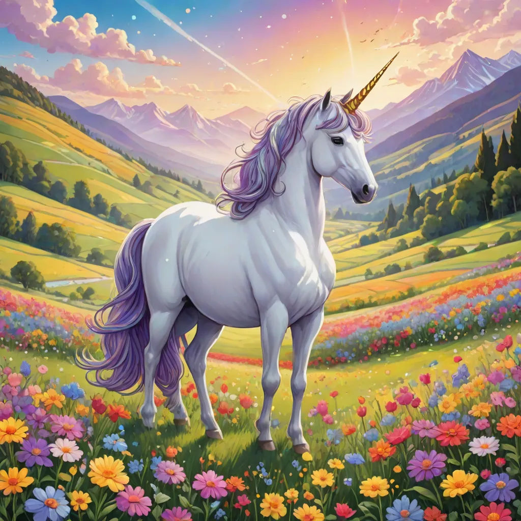 a unicorn standing in a field of flowers with a mountain in the background and a sky filled with stars, Anne Stokes, magical realism, a character portrait, magic the gathering artwork