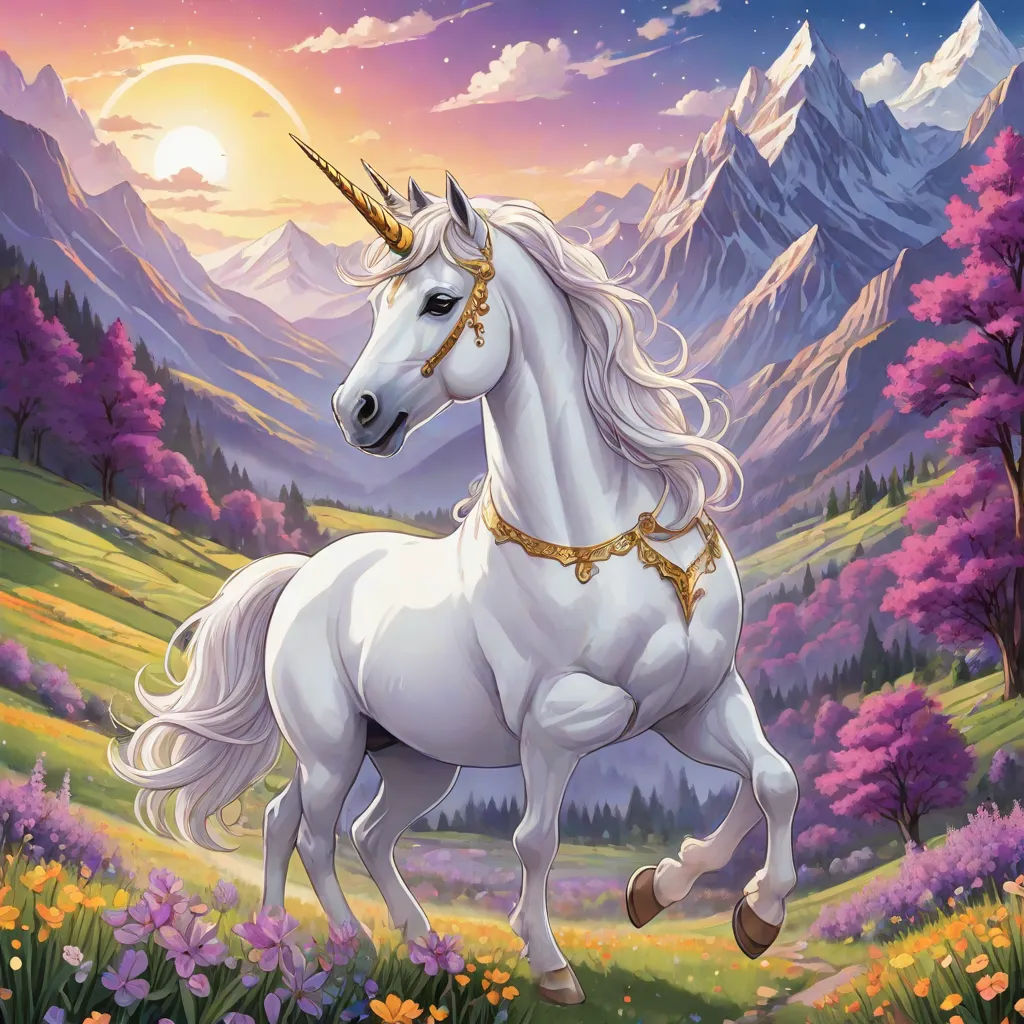 a white unicorn with a golden horn running through a field of flowers and mountains in the background with a full moon, Anne Stokes, fantasy art, a character portrait, fantasy magic