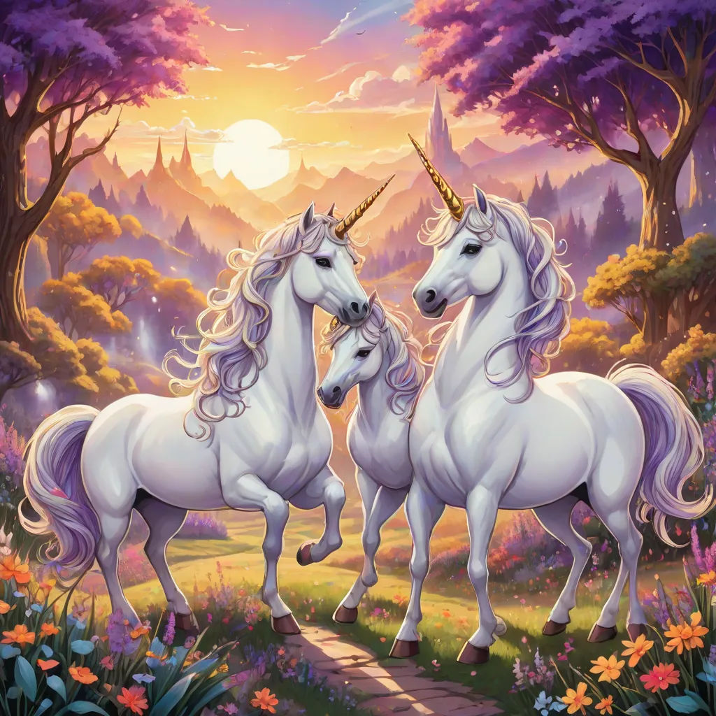 two white unicorns are standing in a forest with a sunset behind them and a path leading to them, Anne Stokes, fantasy art, a storybook illustration, rossdraws global illumination