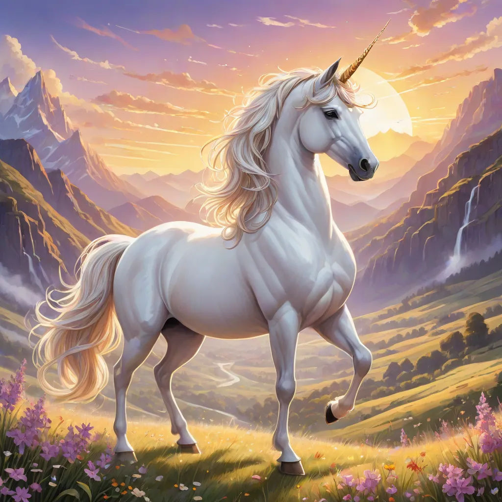 a white unicorn standing in a field of flowers with mountains in the background and a sun setting behind it, Anne Stokes, fantasy art, an ultrafine detailed painting, rossdraws global illumination
