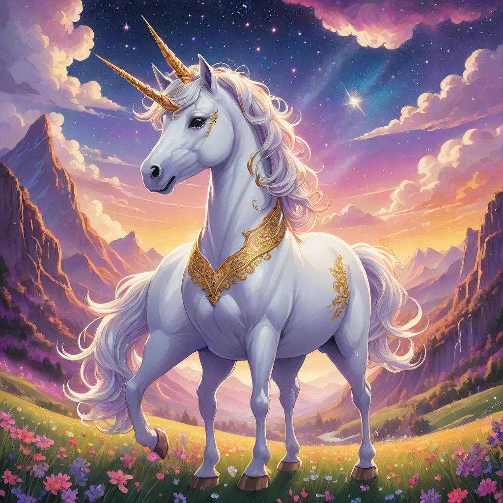 a white unicorn with a golden mane standing in a field of flowers and mountains in the background with a purple sky, Anne Stokes, fantasy art, an ultrafine detailed painting, rossdraws global illumination