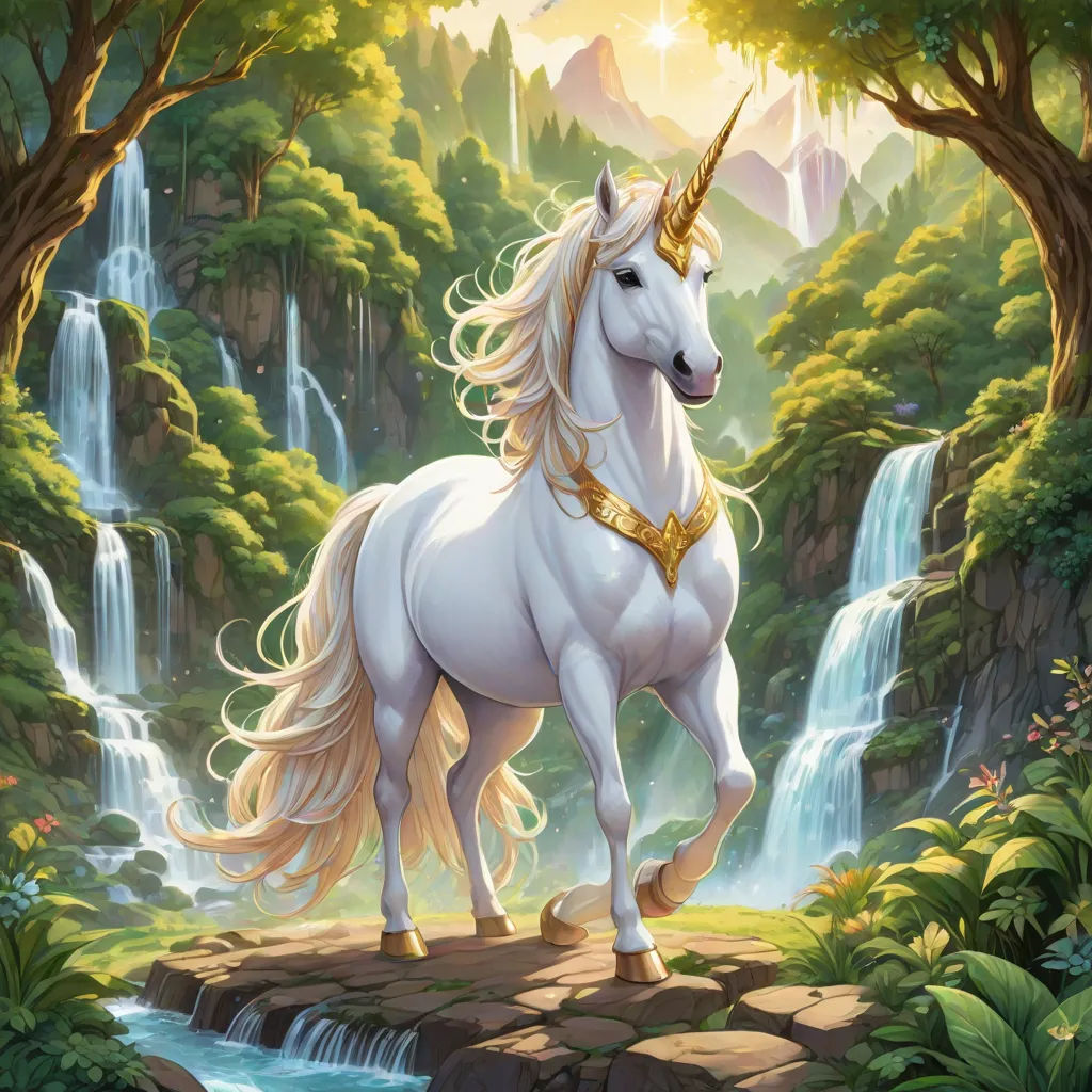 a white unicorn standing on a rock in front of a waterfall and waterfall with a golden horn on its head, Anne Stokes, fantasy art, a character portrait, magic the gathering artwork