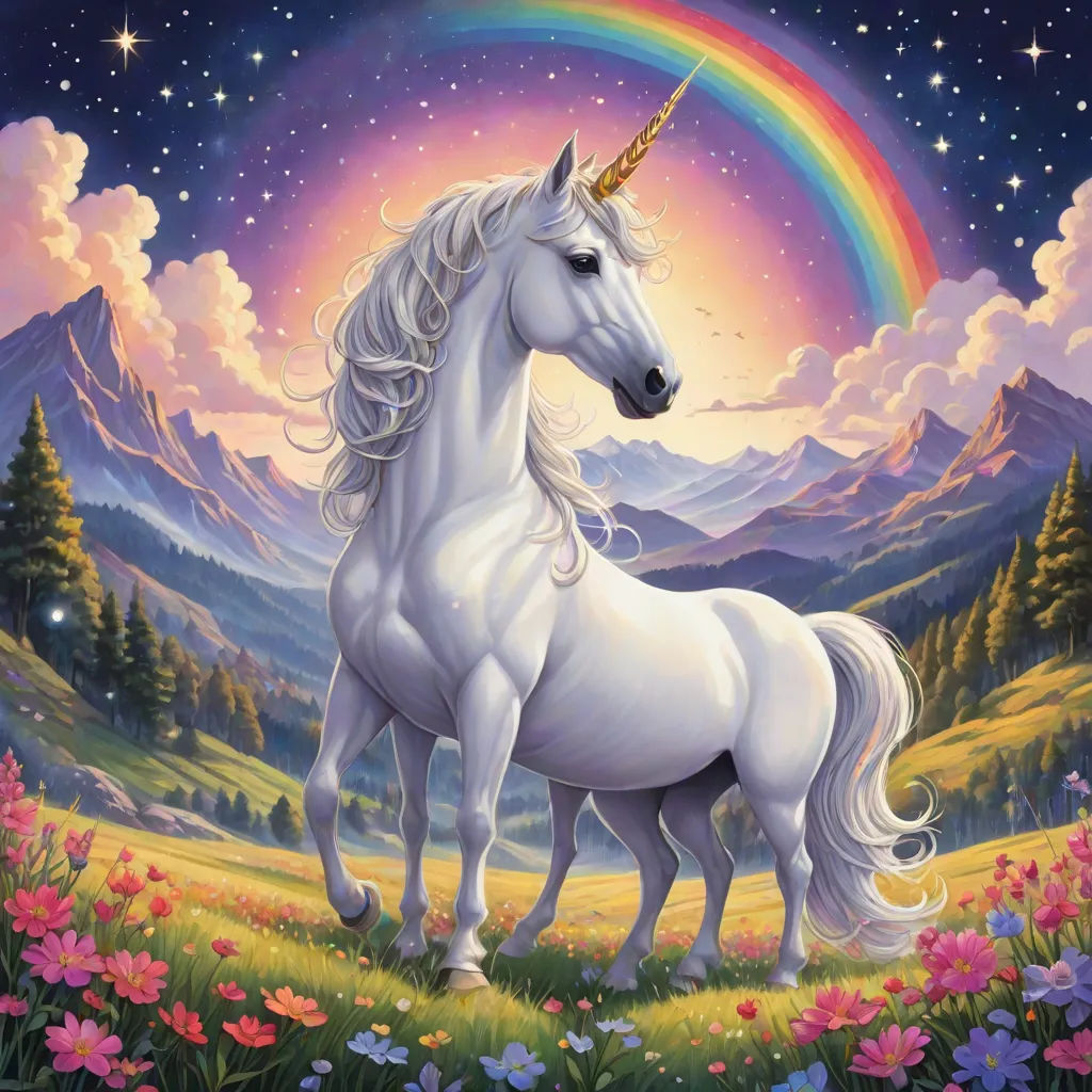 a unicorn standing in a field with a rainbow in the background and mountains in the background, with a rainbow in the sky, Beeple, magical realism, an album cover, magical