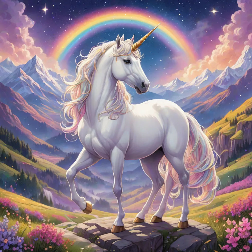a unicorn standing on a rock with a rainbow in the background and mountains in the background, with a rainbow in the sky, Anne Stokes, magical realism, a character portrait, rossdraws global illumination