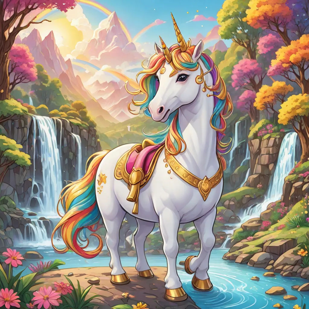 a unicorn with a waterfall in the background and a waterfall in the foreground, with a waterfall in the background, Anne Stokes, fantasy art, a character portrait, rossdraws global illumination