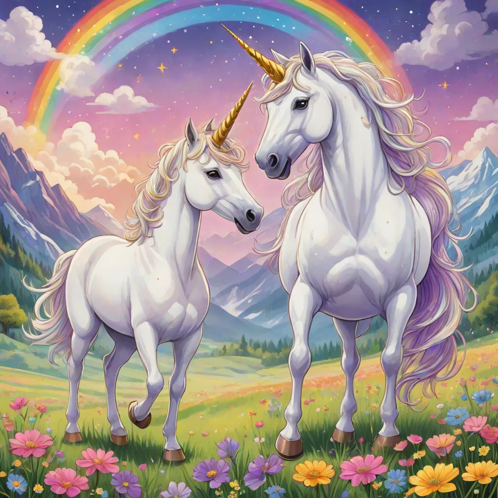 two white unicorns standing in a field with a rainbow in the background and a mountain range in the background, Anne Stokes, magical realism, a storybook illustration, fantasy magic